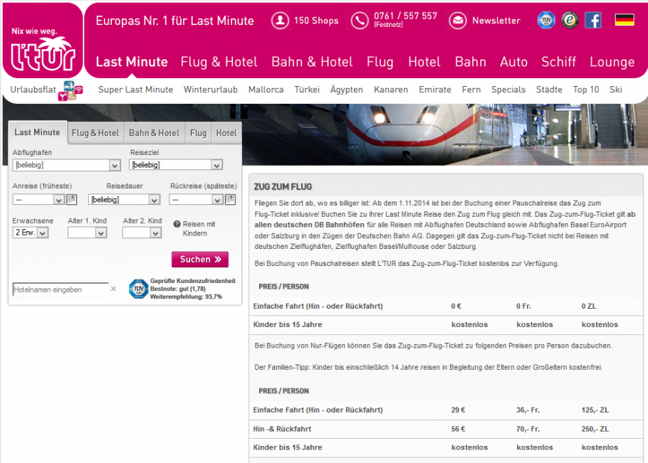 Zug zum Flug bei Pauschalreisen von LTUR kostenlos | UrlaubsDeal.net